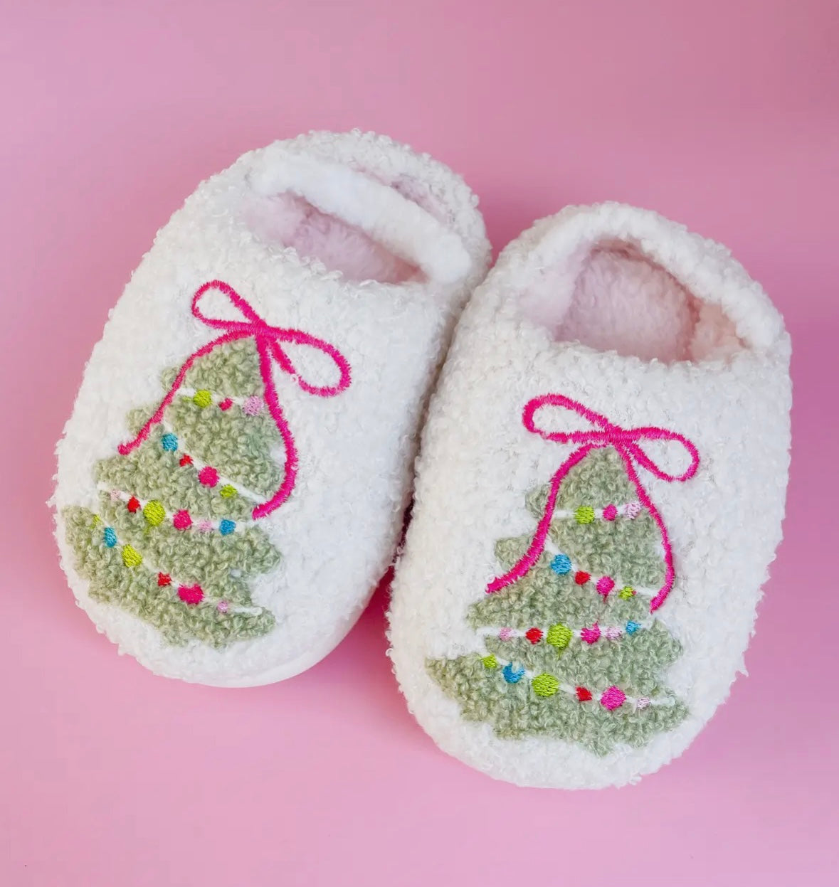 Pink Bow Christmas Tree Slippers