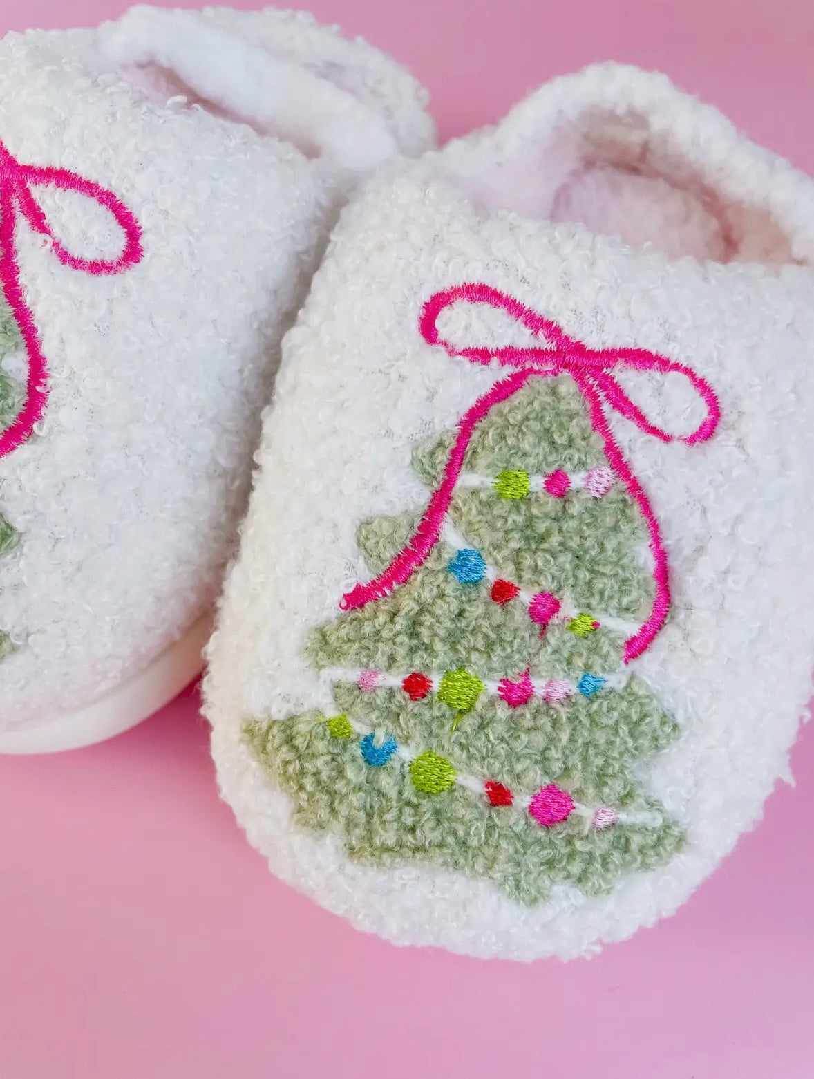 Pink Bow Christmas Tree Slippers