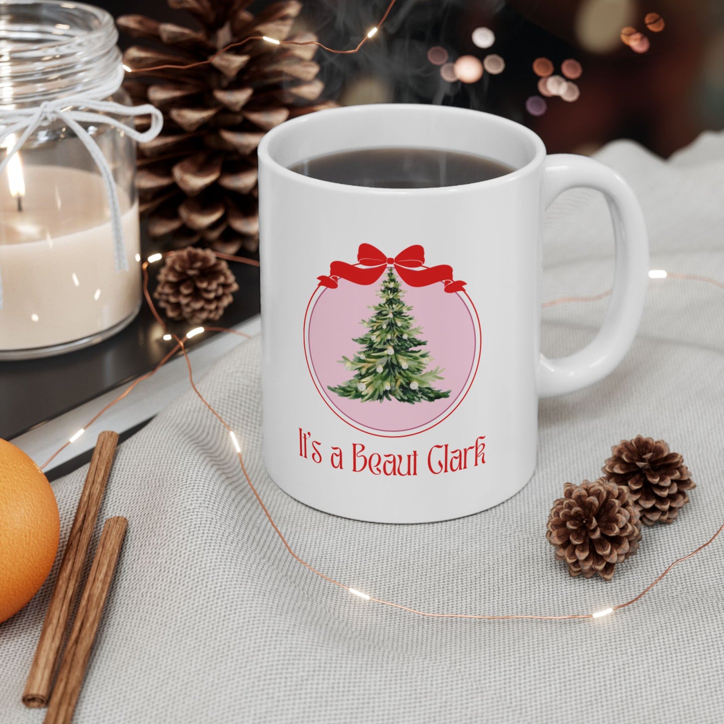 Coquette Bow Christmas Tree | It’s a Beaut Clark Ceramic Mug, (11oz, 15oz)